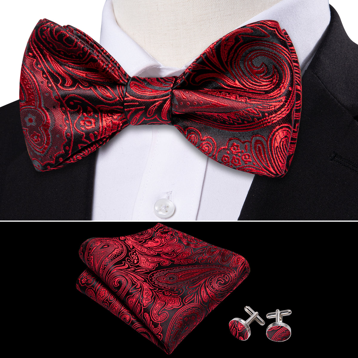Black Red Paisley Bow Tie Set - GentCrest