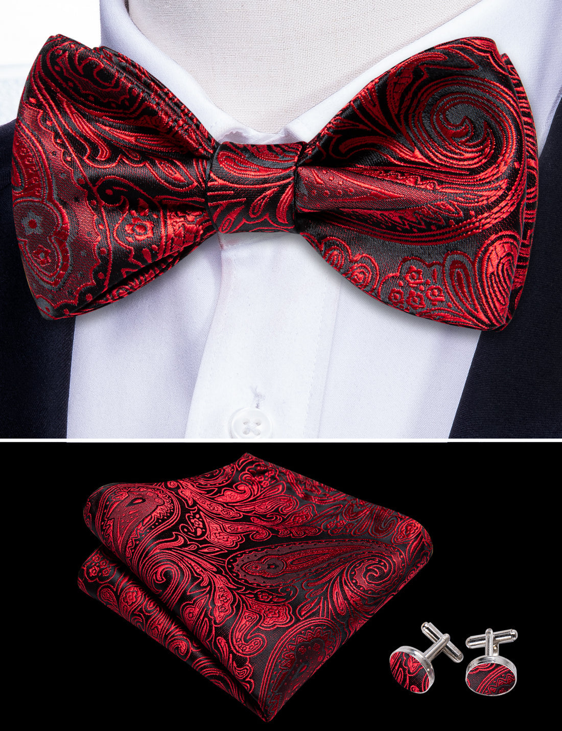 Black Red Paisley Bow Tie Set - GentCrest - View 3