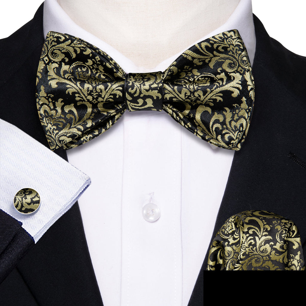 Black Yellow Floral Bow Tie Set - GentCrest - View 2