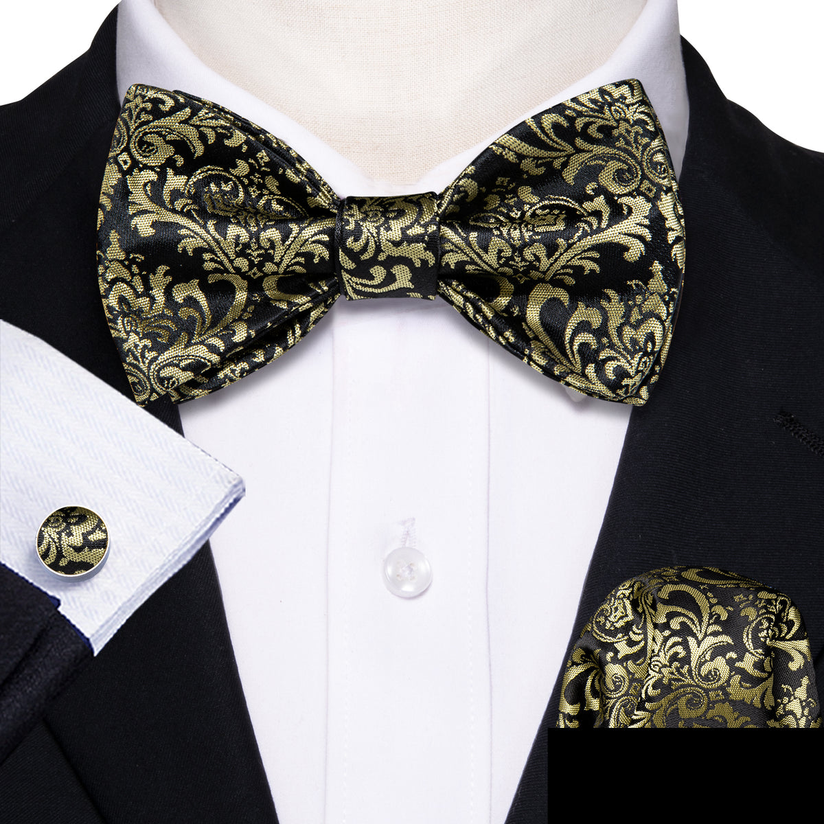Black Yellow Floral Bow Tie Set - GentCrest - View 2