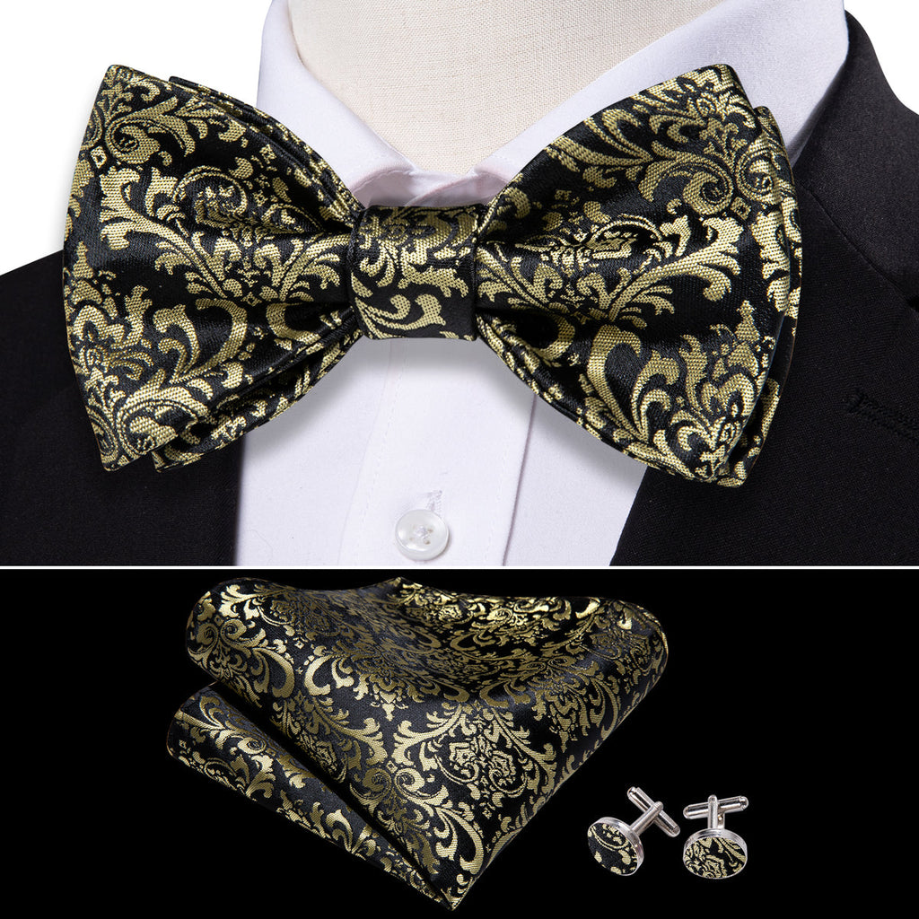 Black Yellow Floral Bow Tie Set - GentCrest