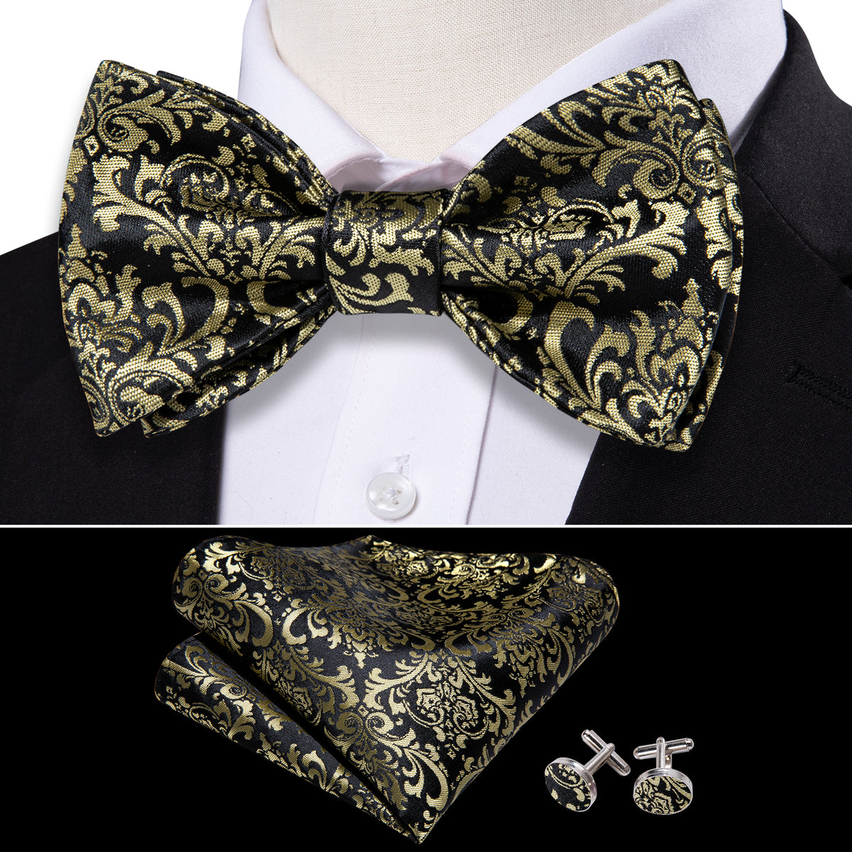 Black Yellow Floral Bow Tie Set - GentCrest
