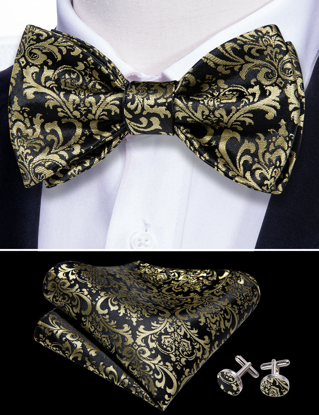 Black Yellow Floral Bow Tie Set - GentCrest - View 5