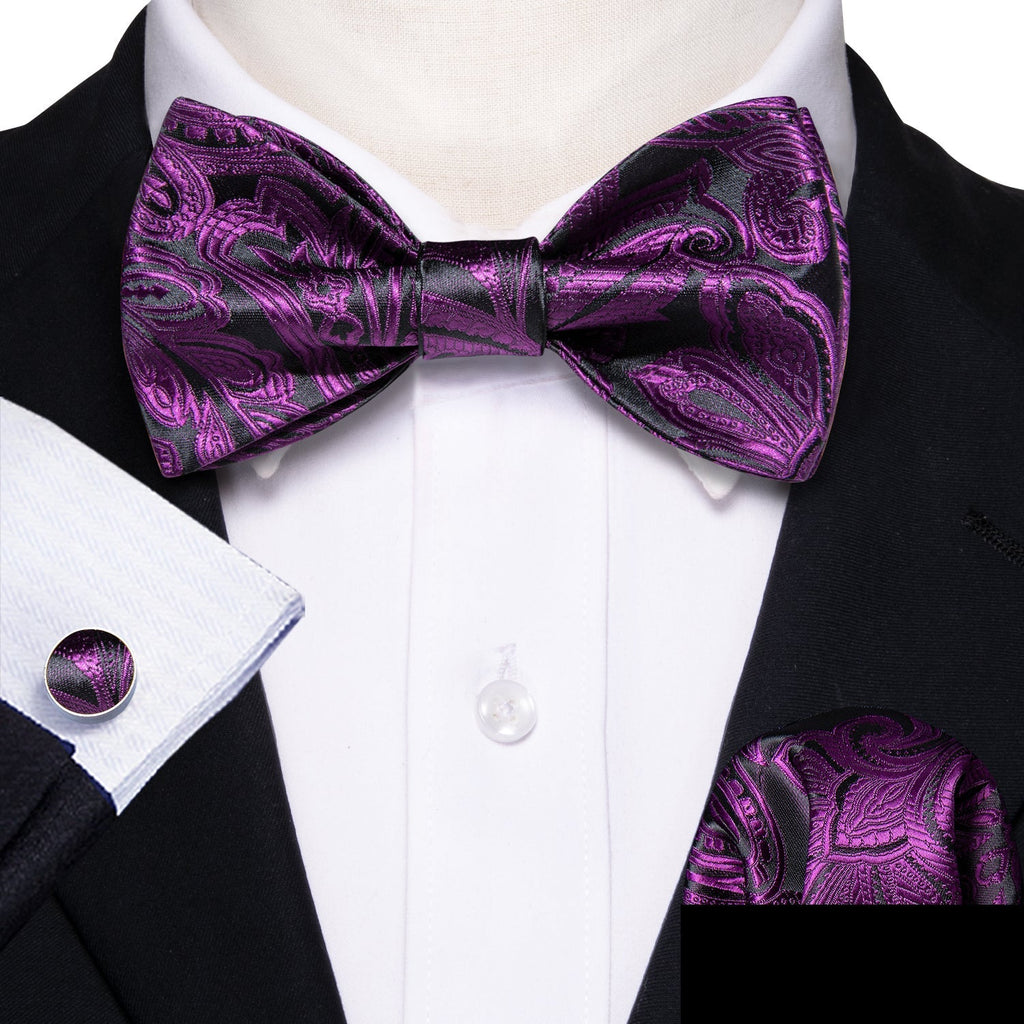 Purple and Black Paisley Bow Tie Set - GentCrest