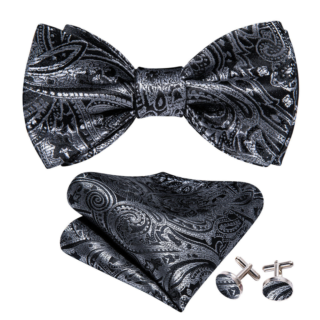 Grey Black Gold Paisley Bow Tie Set - GentCrest - View 3
