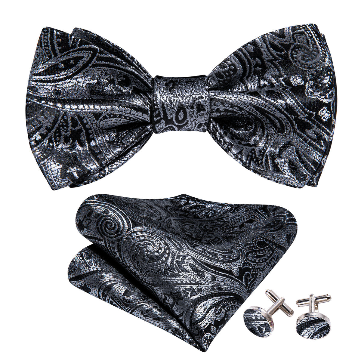 Grey Black Gold Paisley Bow Tie Set - GentCrest - View 3
