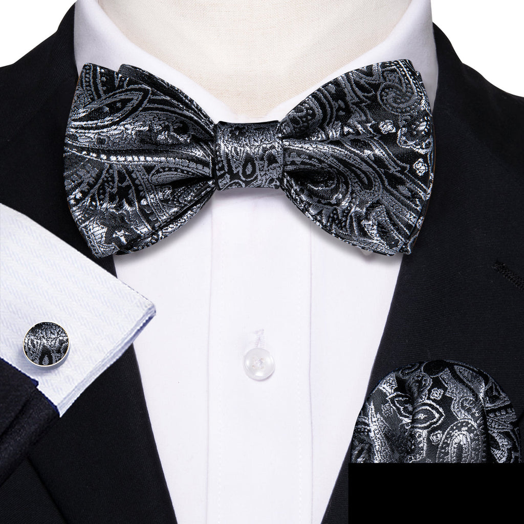Grey Black Gold Paisley Bow Tie Set - GentCrest - View 2