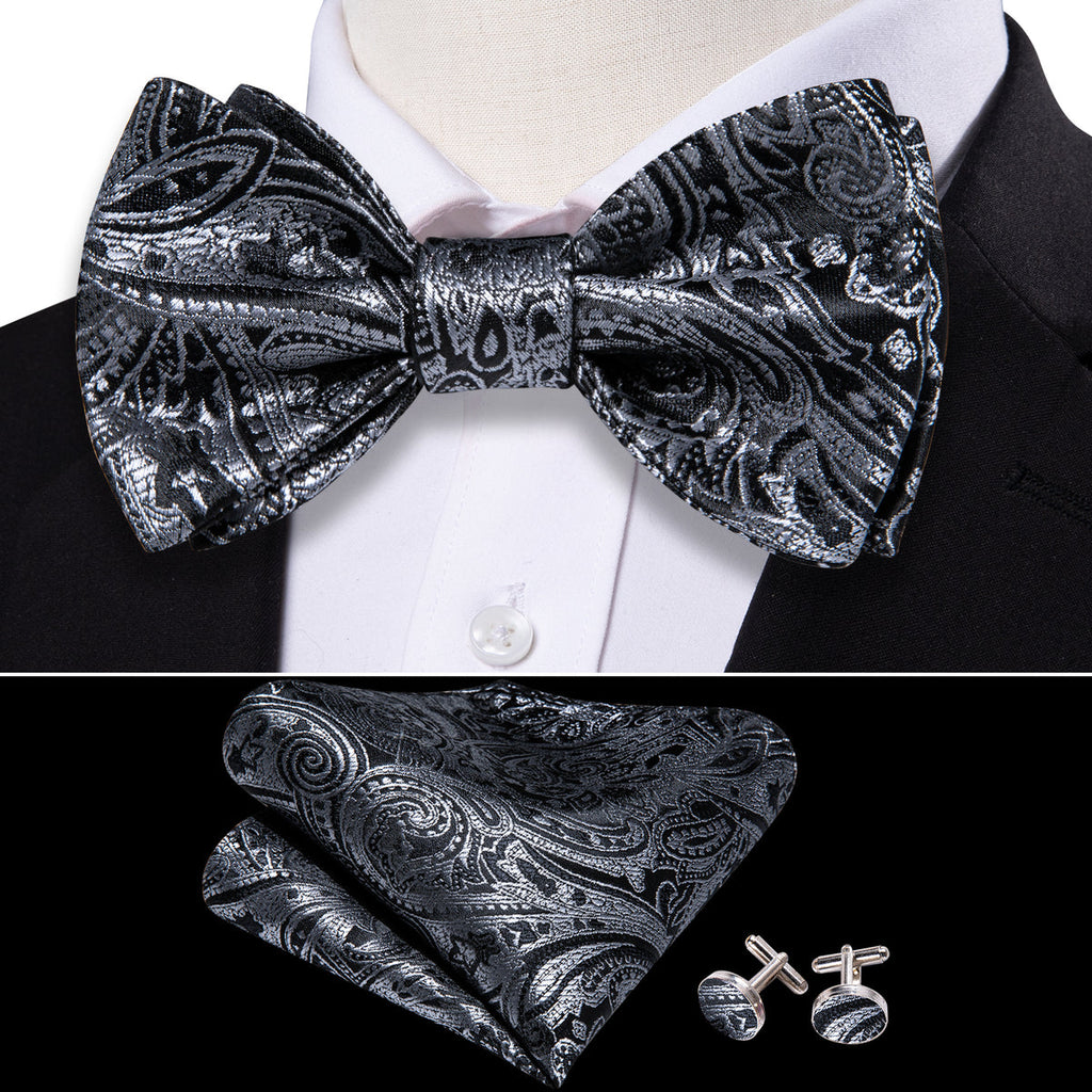 Grey Black Gold Paisley Bow Tie Set - GentCrest