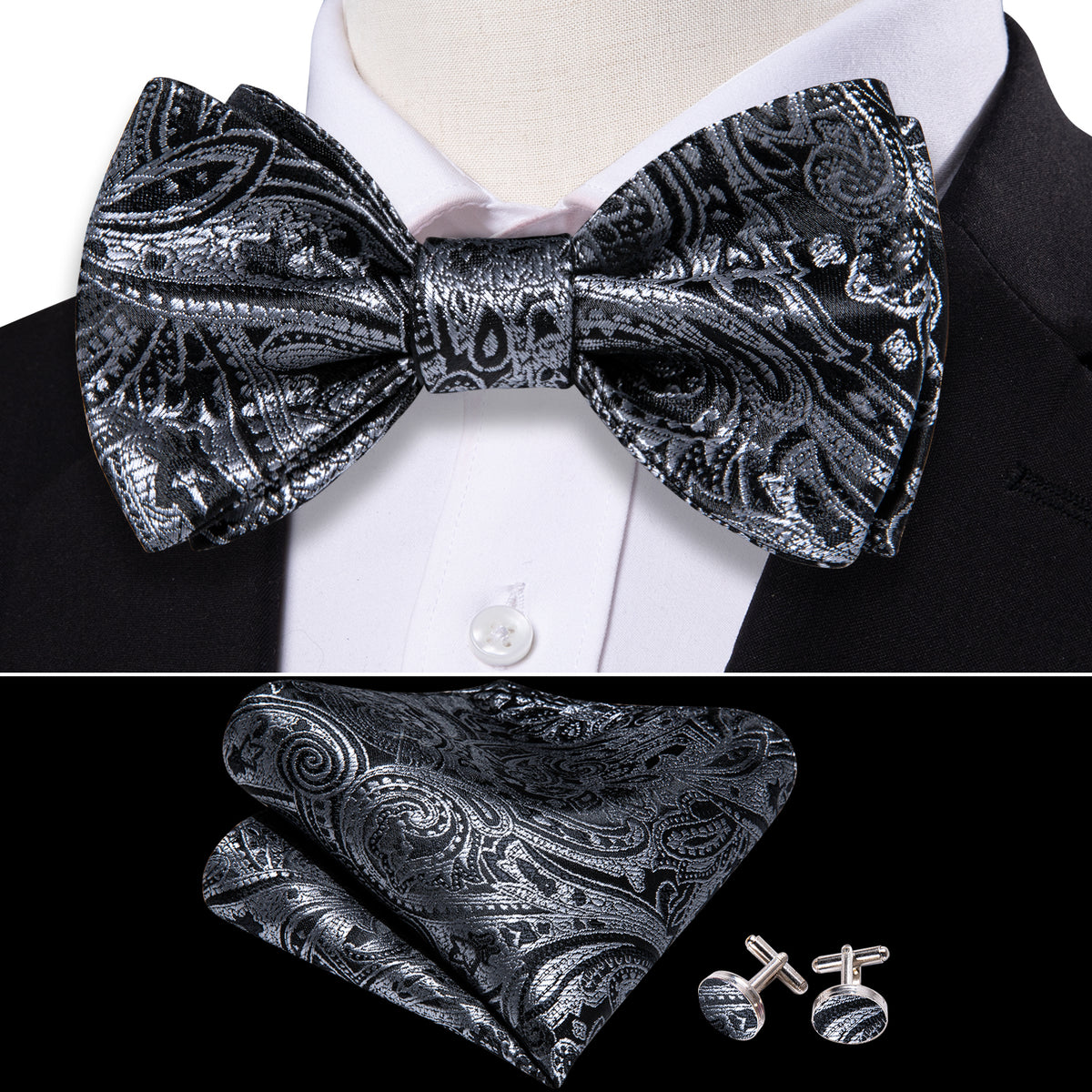 Grey Black Gold Paisley Bow Tie Set - GentCrest