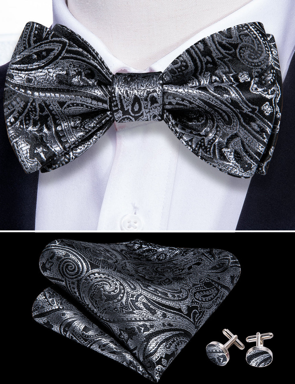 Grey Black Gold Paisley Bow Tie Set - GentCrest - View 4