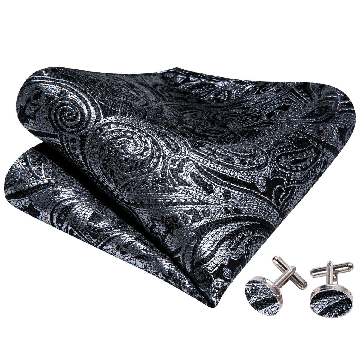 Grey Black Gold Paisley Bow Tie Set - GentCrest - View 5