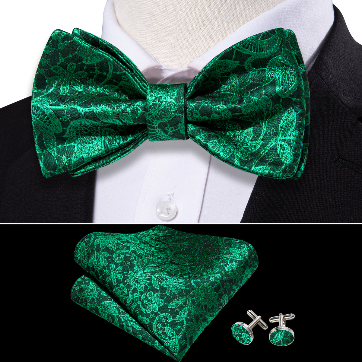 Green Floral Bow Tie Set - GentCrest