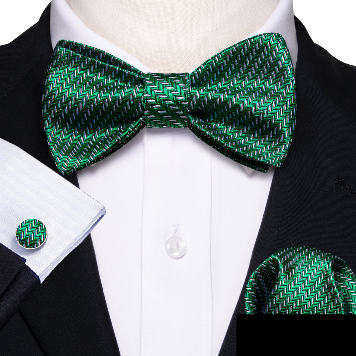 Green White Striped Bow Tie Set - GentCrest - View 3