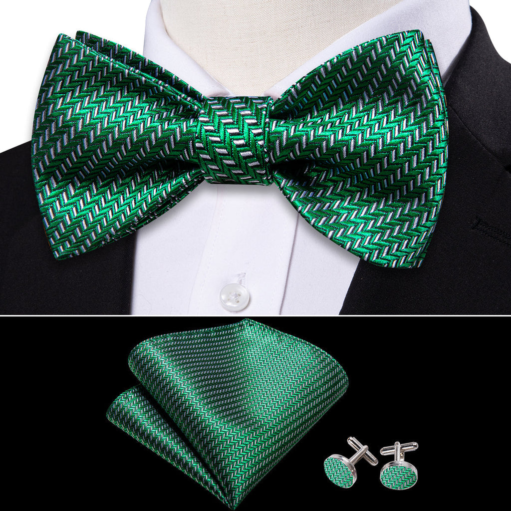 Green White Striped Bow Tie Set - GentCrest