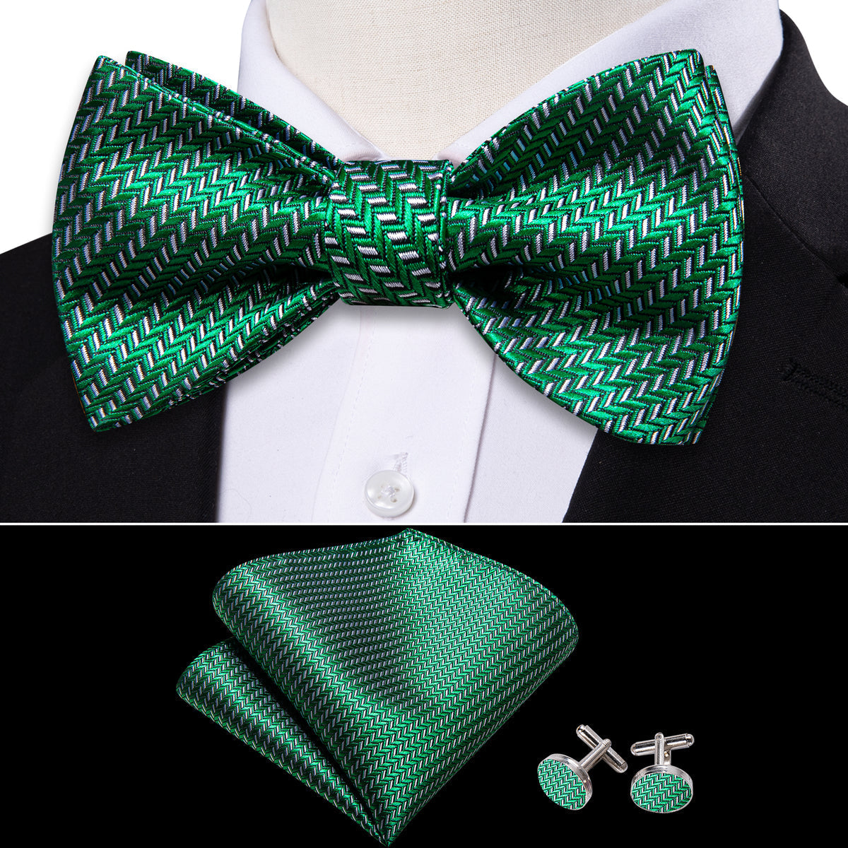 Green White Striped Bow Tie Set - GentCrest