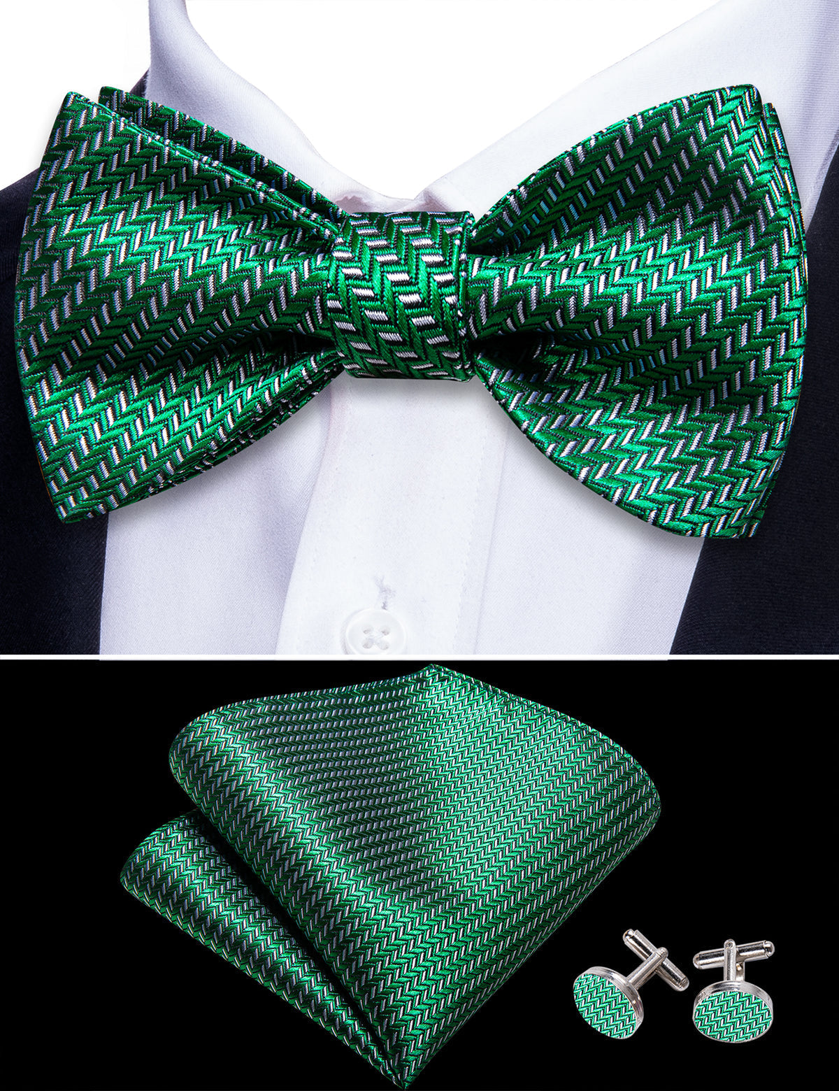 Green White Striped Bow Tie Set - GentCrest - View 2