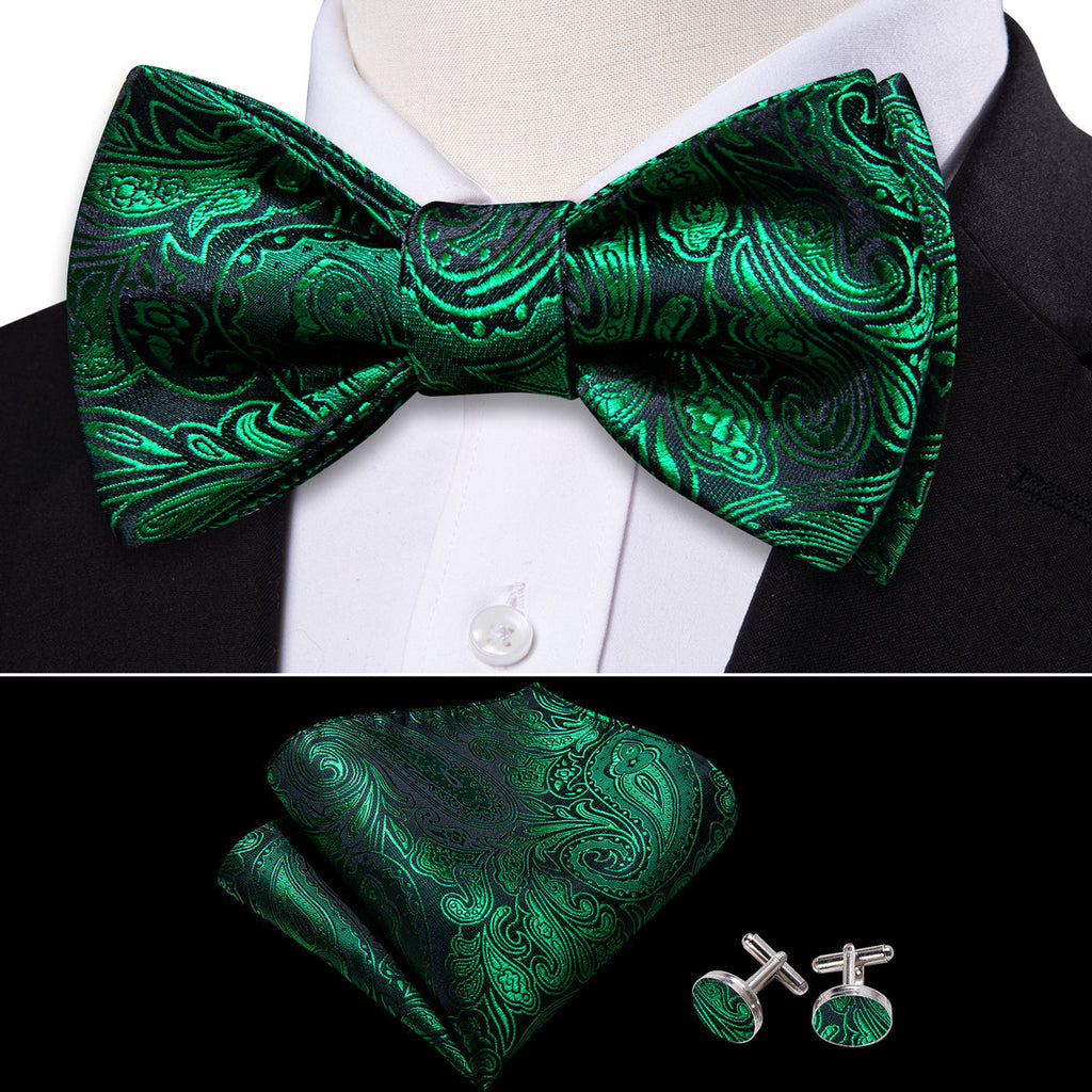 Olive Green Paisley Bow Tie Set - GentCrest