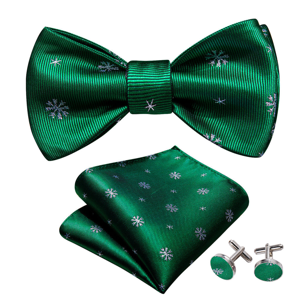 Green & White Snowflake Silk Christmas Bow Tie Set - GentCrest - View 3