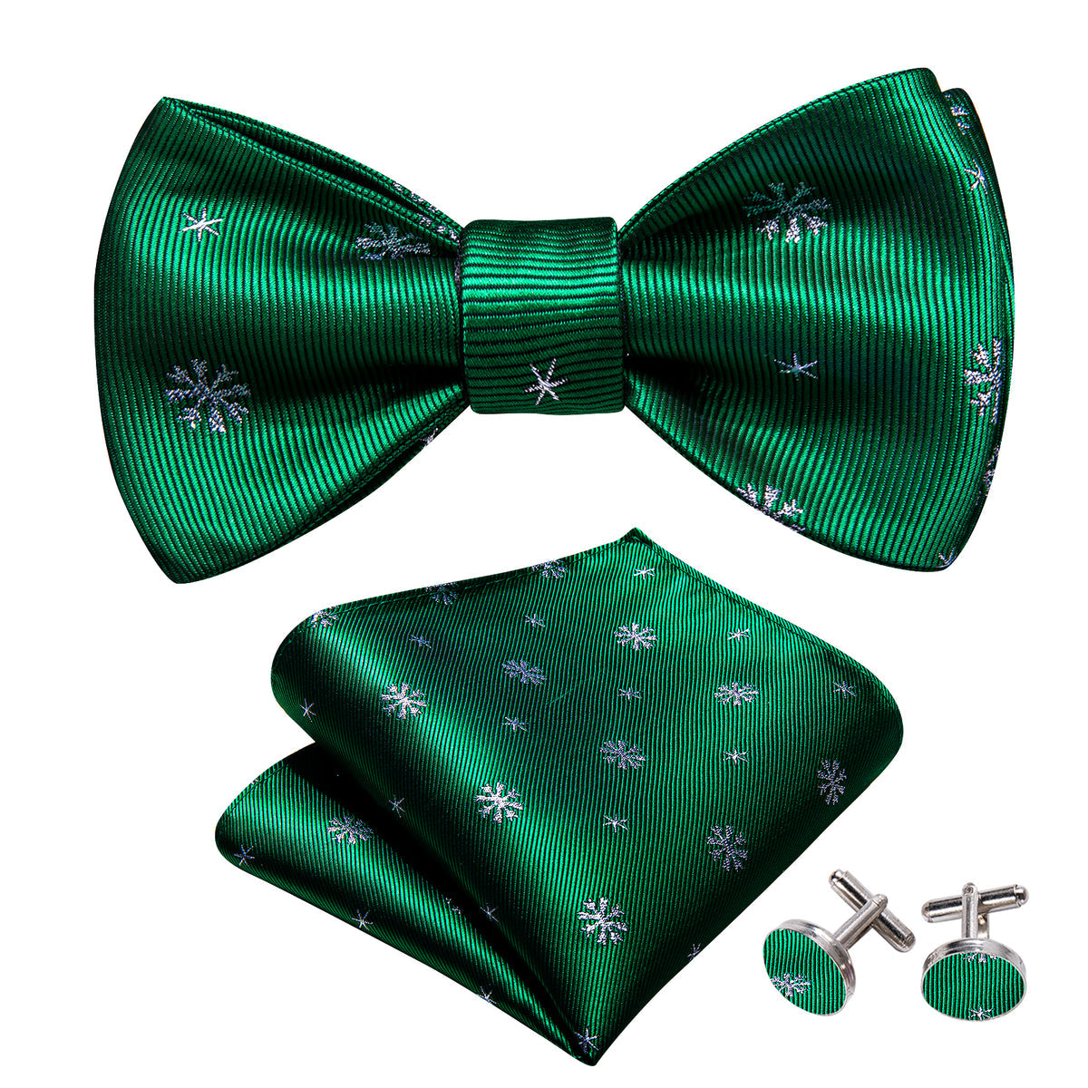 Green & White Snowflake Silk Christmas Bow Tie Set - GentCrest - View 3
