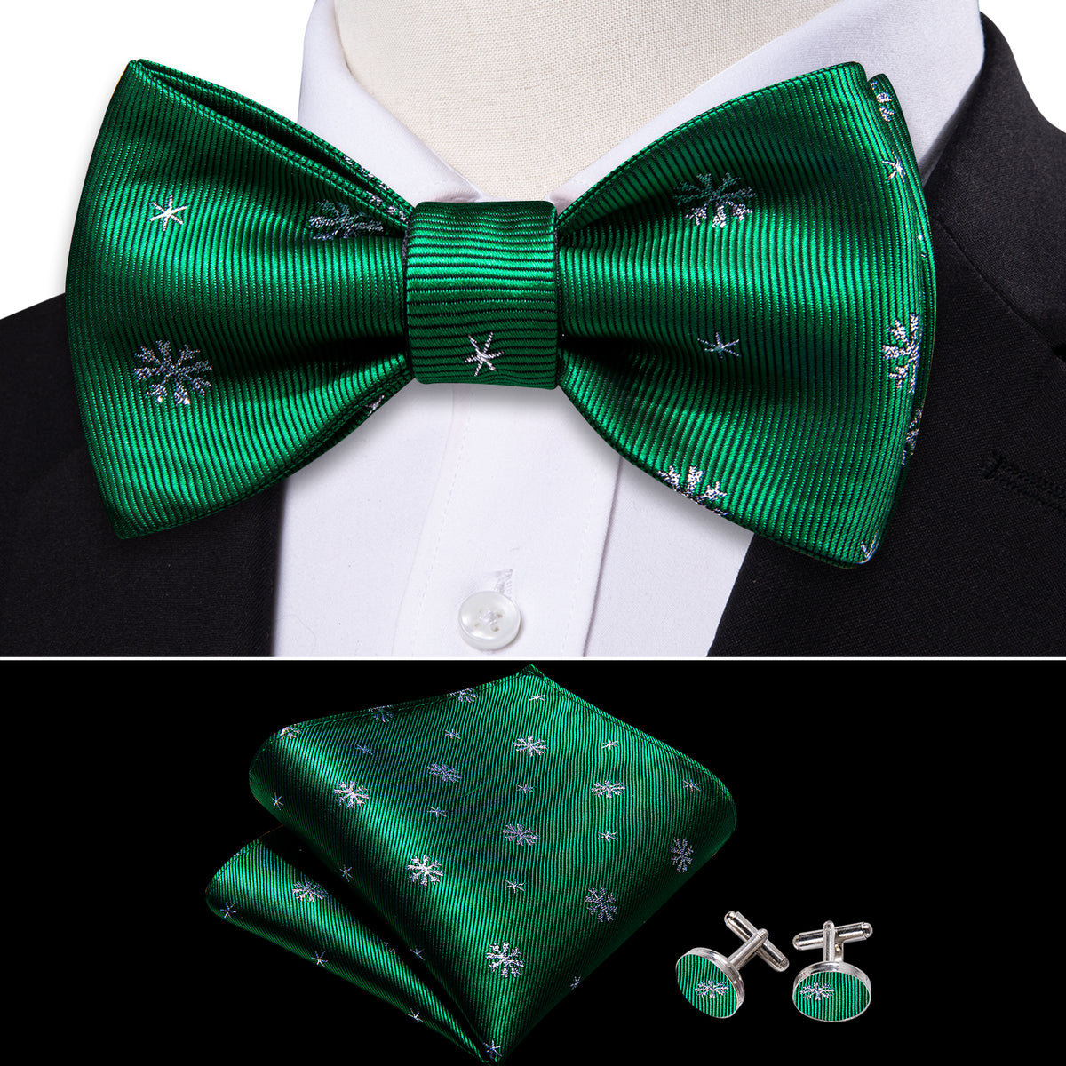 Green & White Snowflake Silk Christmas Bow Tie Set - GentCrest - View 2