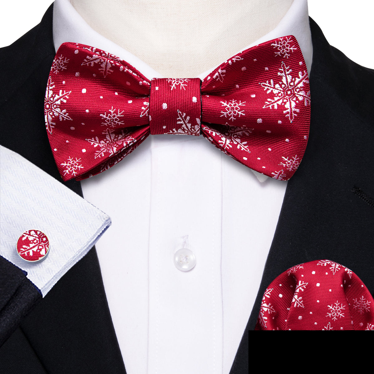 Red White Christmas Fashion Snowflake Bow Tie Set - GentCrest - View 2