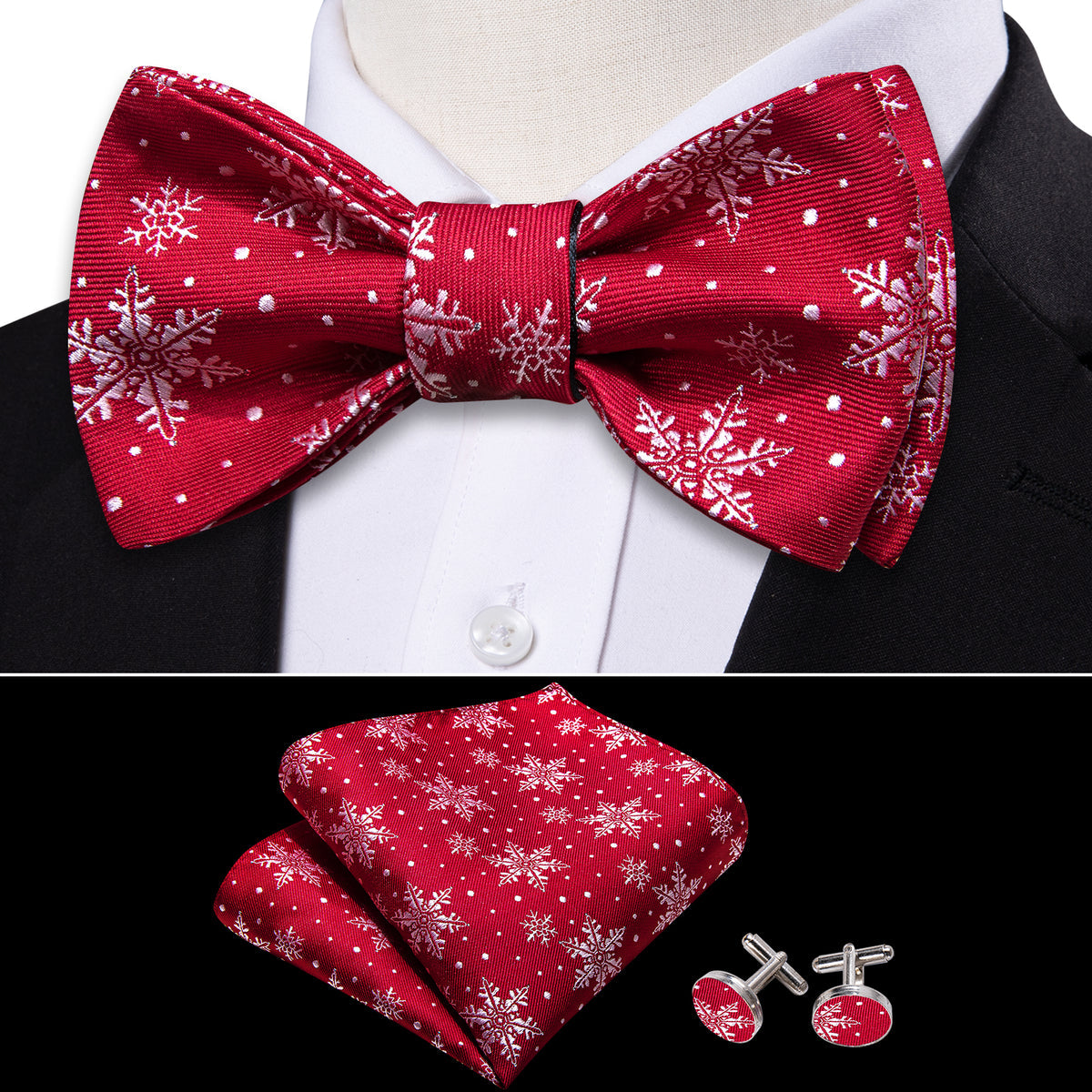 Red White Christmas Fashion Snowflake Bow Tie Set - GentCrest