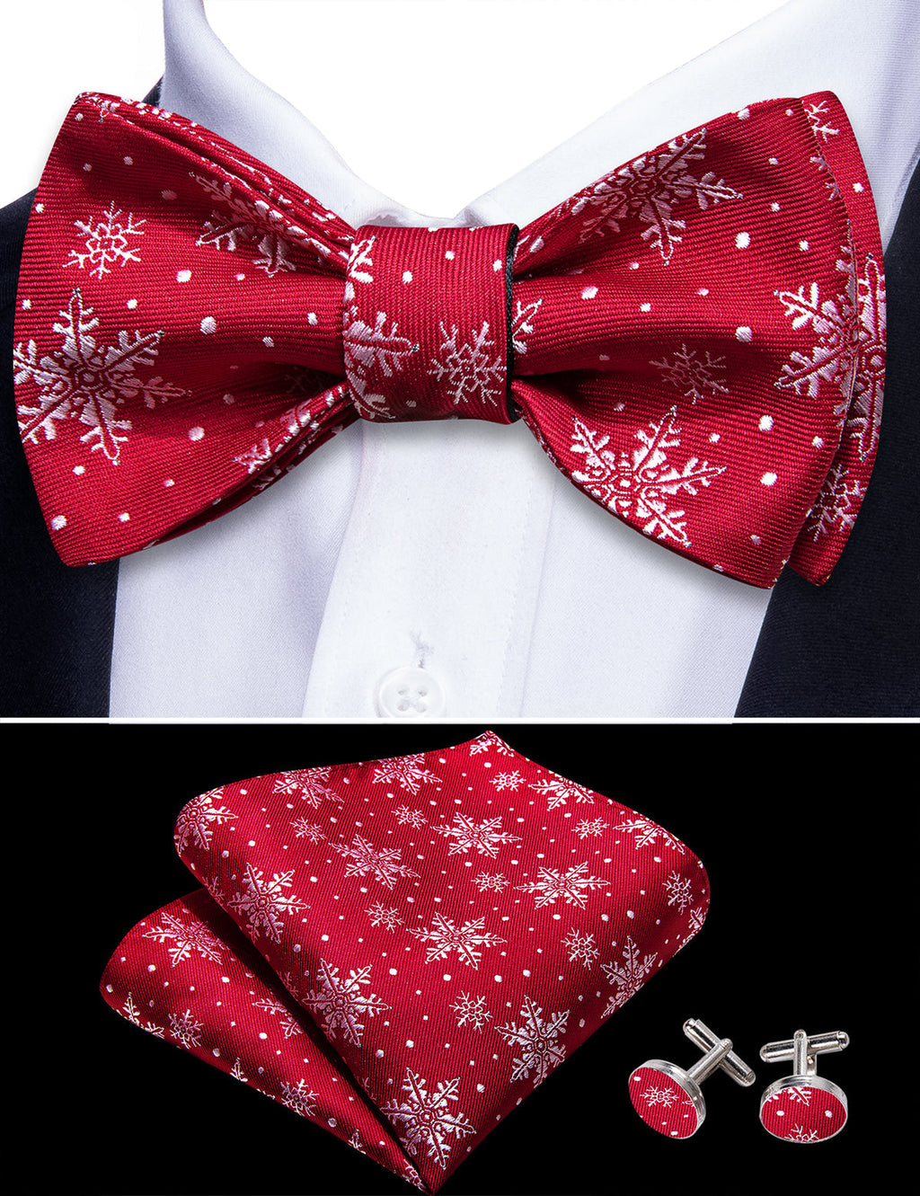 Red White Christmas Fashion Snowflake Bow Tie Set - GentCrest - View 3