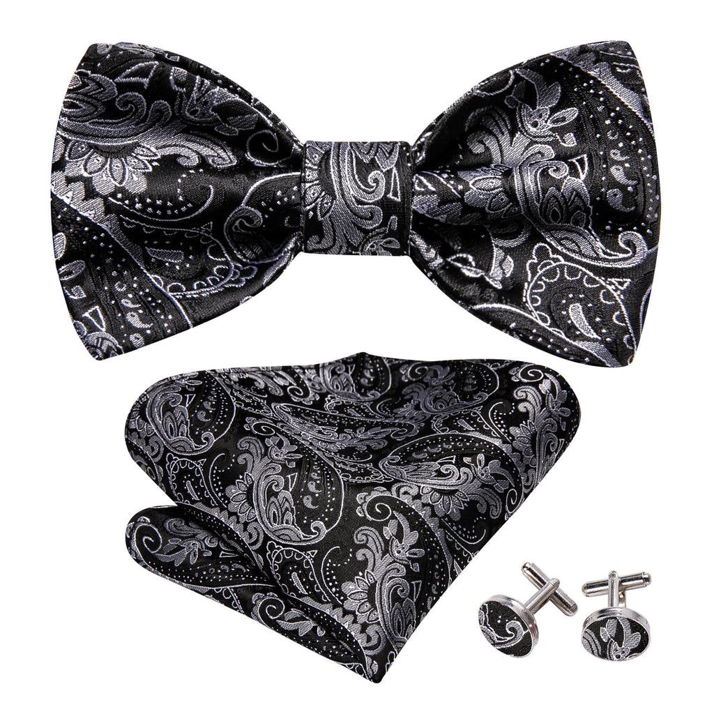 Black Paisley Grey Bow Tie Set - GentCrest