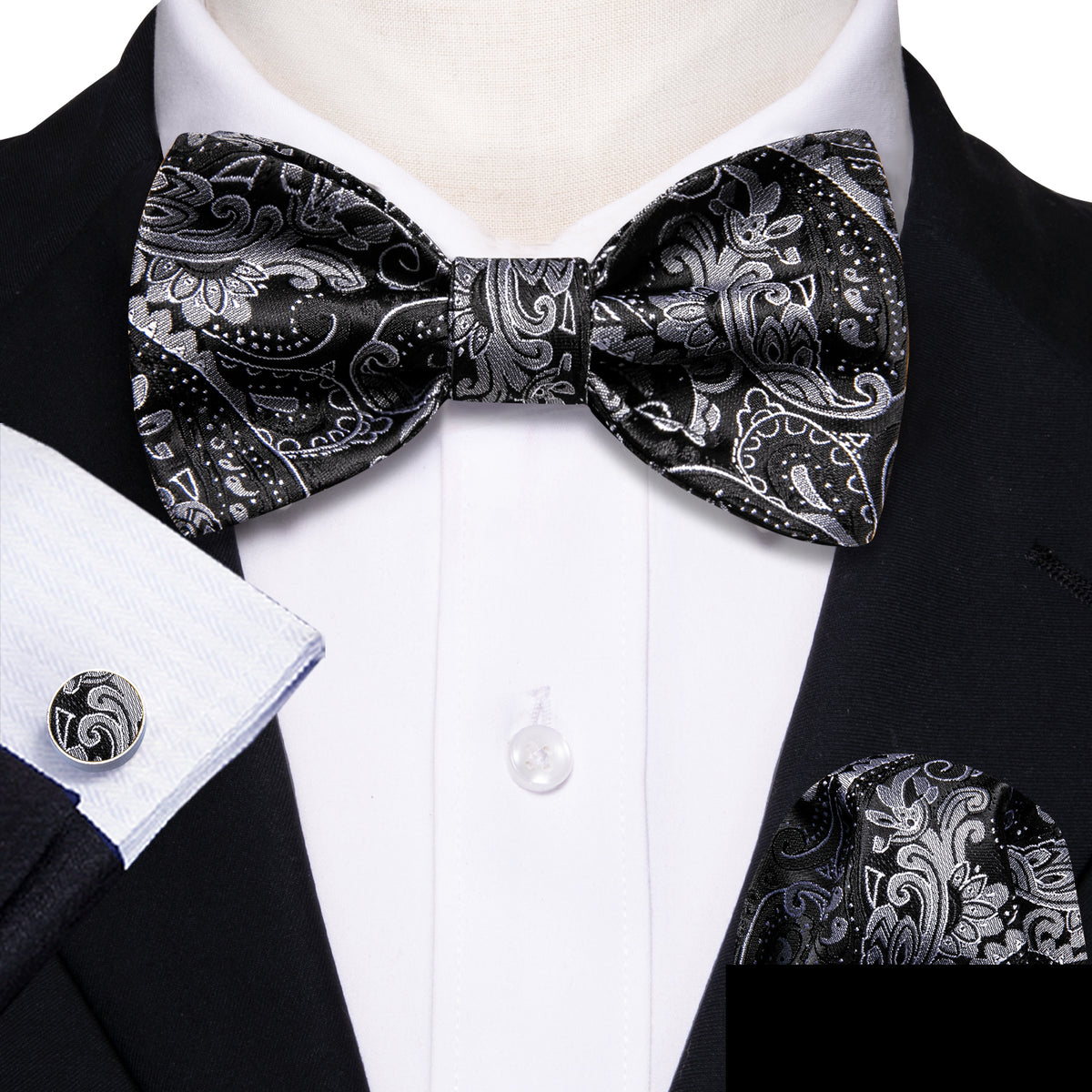Black Paisley Grey Bow Tie Set - GentCrest - View 3