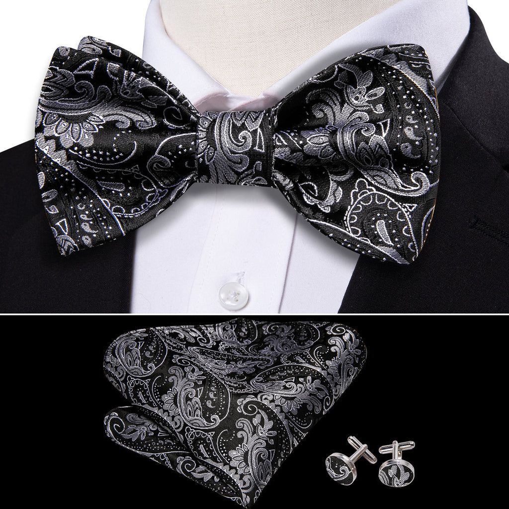 Black Paisley Grey Bow Tie Set - GentCrest - View 2