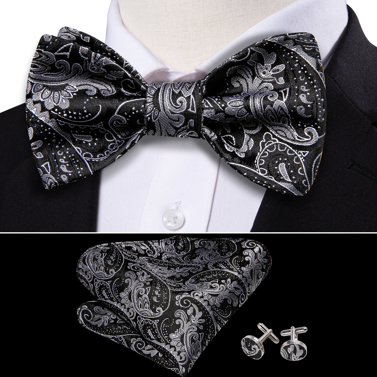 Black Paisley Grey Bow Tie Set - GentCrest - View 2