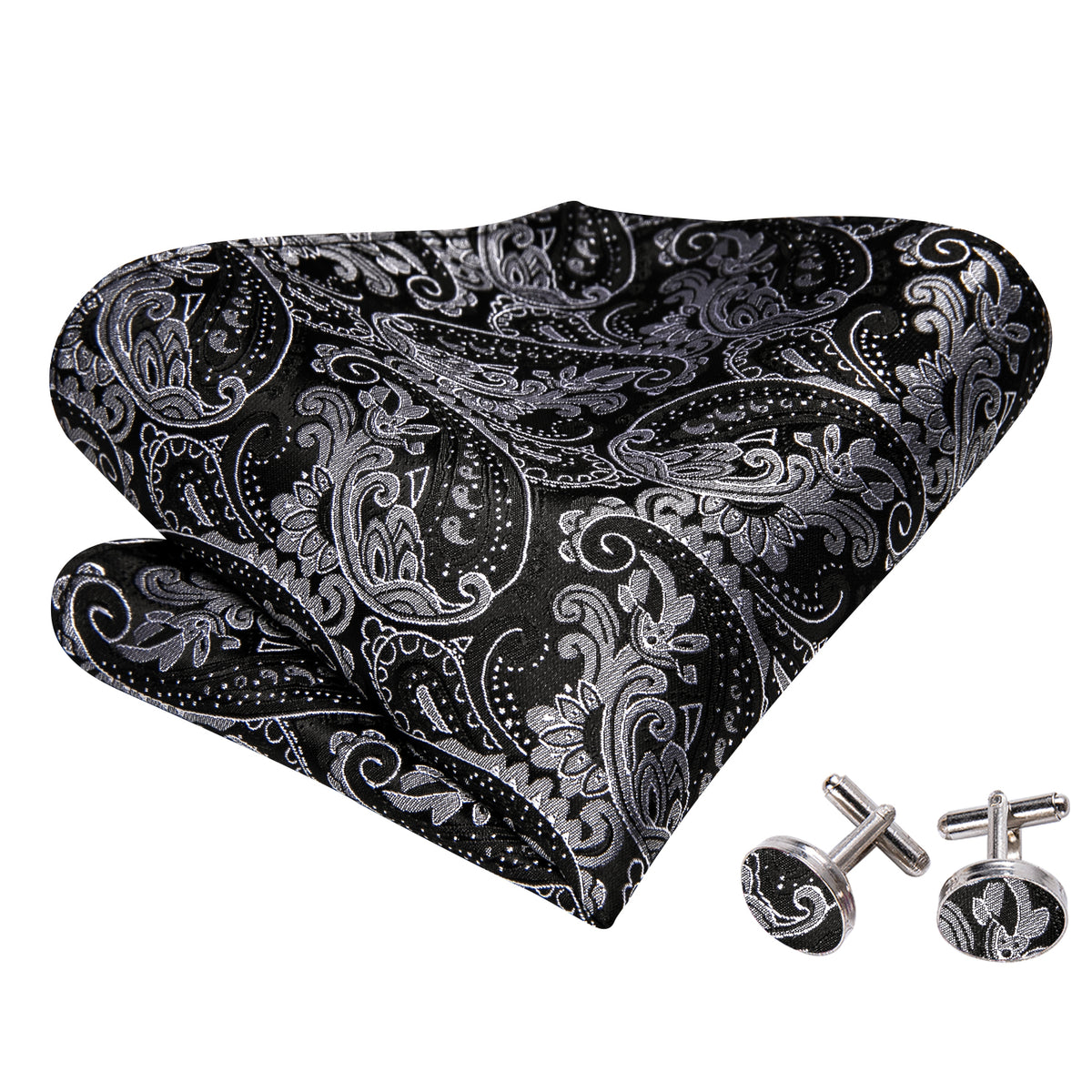 Black Paisley Grey Bow Tie Set - GentCrest - View 5