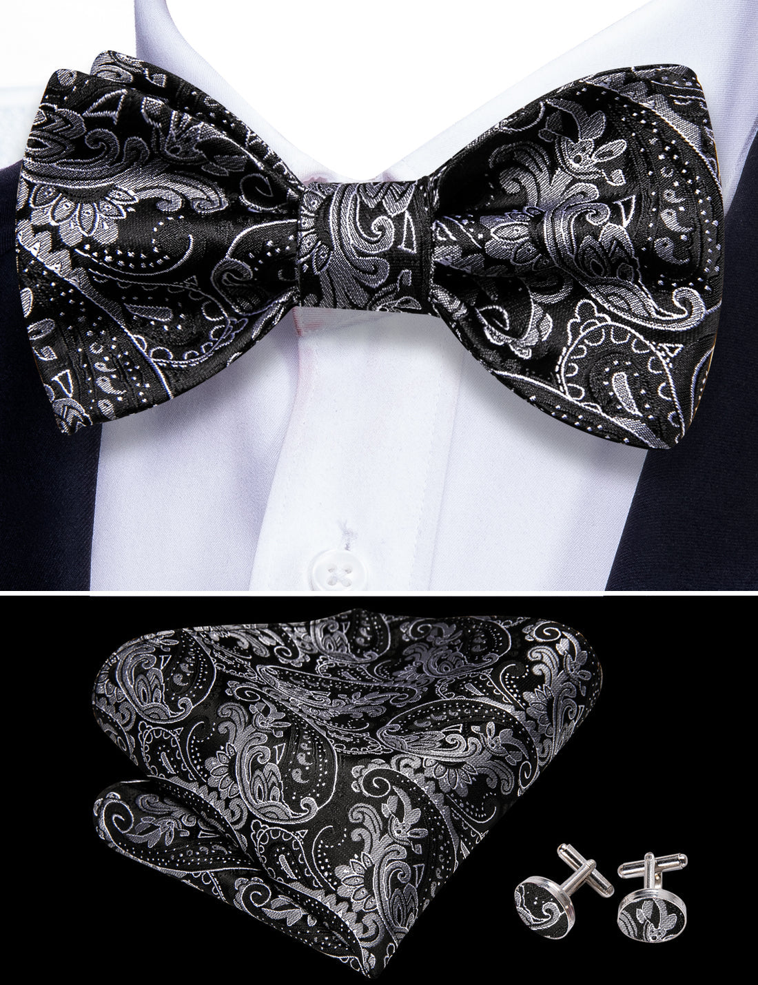 Black Paisley Grey Bow Tie Set - GentCrest - View 4