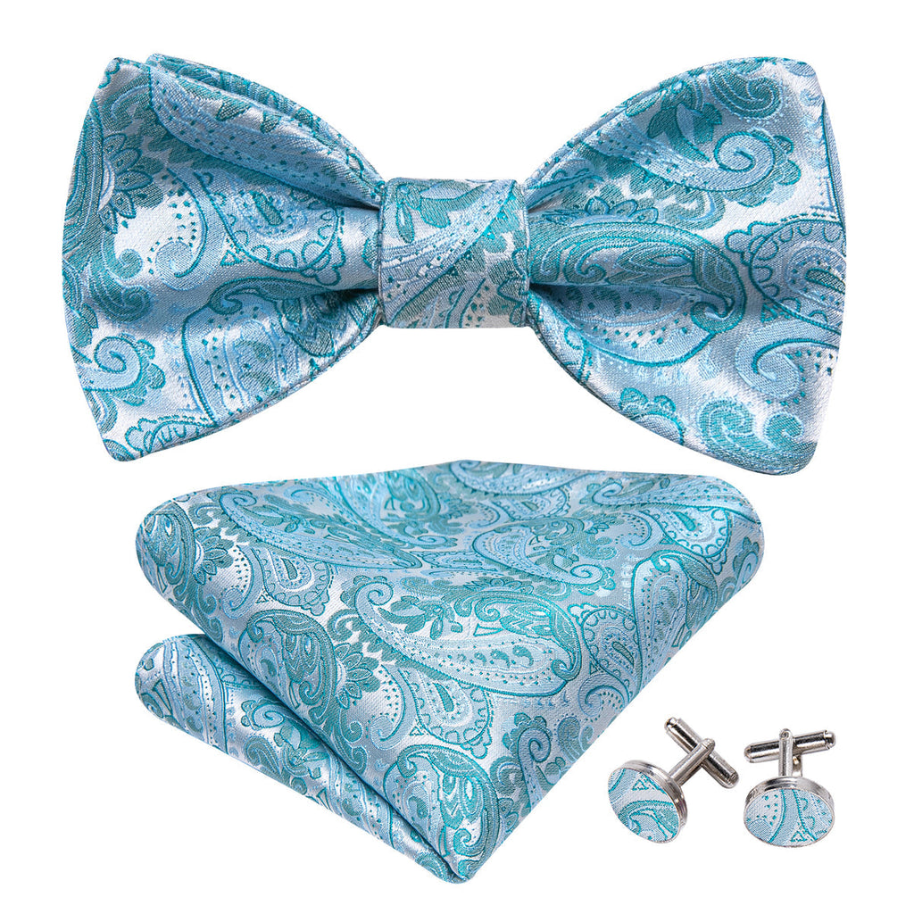 Pale Blue Paisley Bow Tie Set - GentCrest