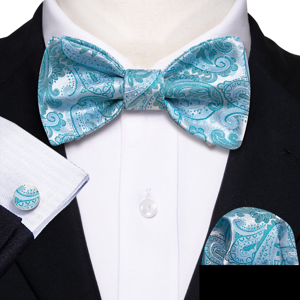Pale Blue Paisley Bow Tie Set - GentCrest - View 2