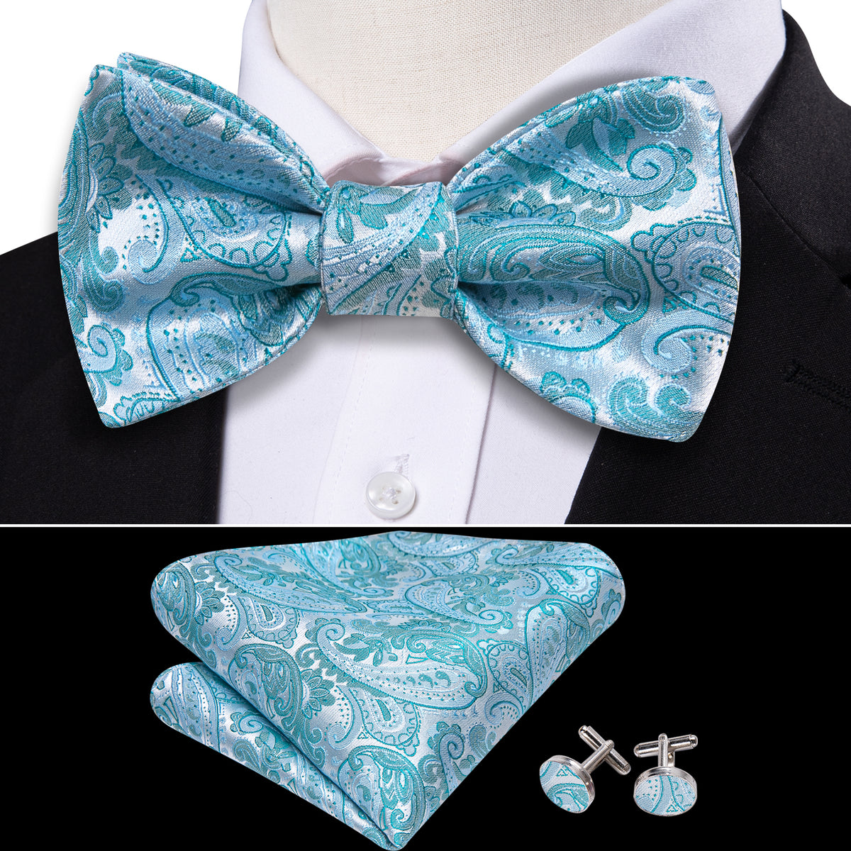 Pale Blue Paisley Bow Tie Set - GentCrest - View 3