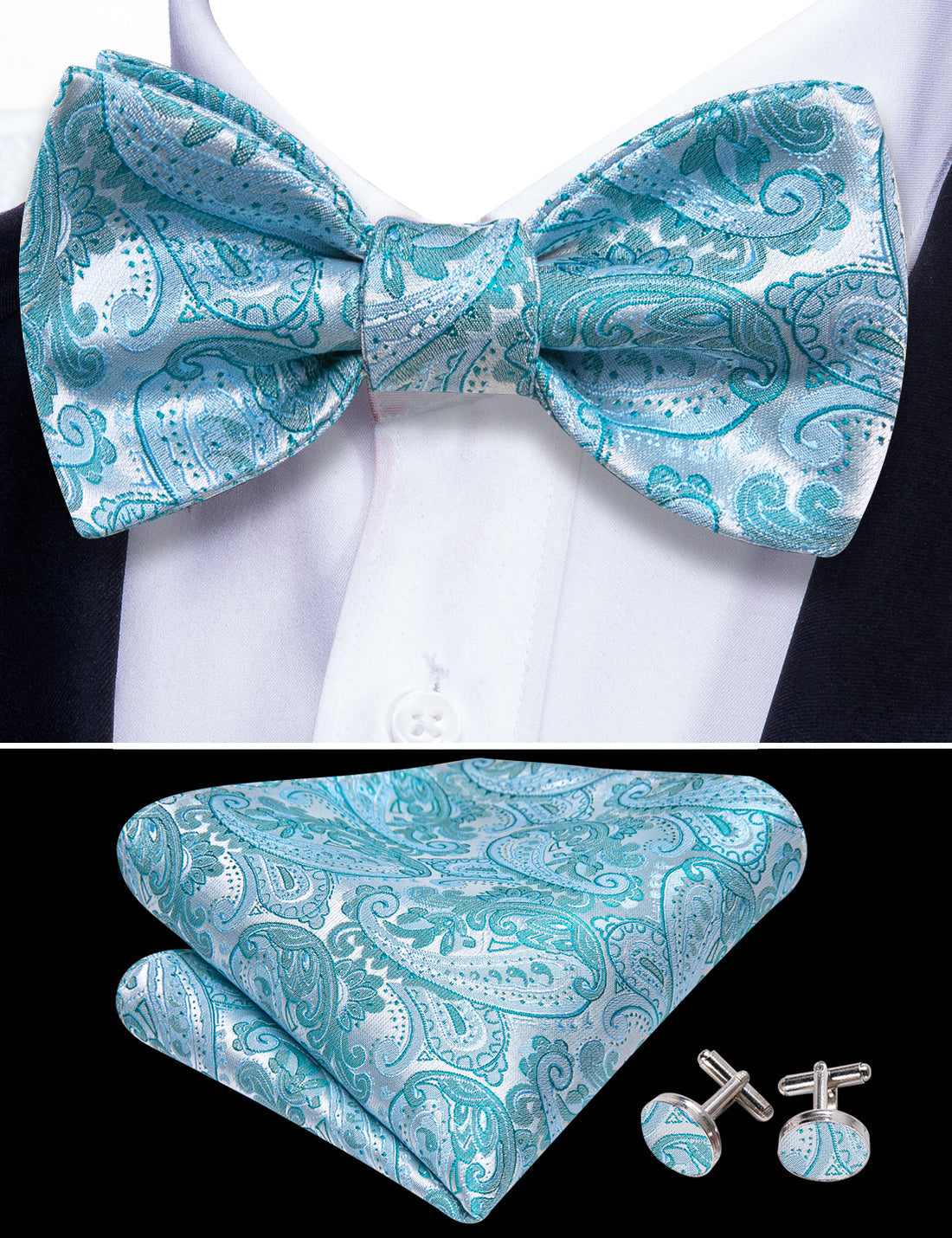 Pale Blue Paisley Bow Tie Set - GentCrest - View 4