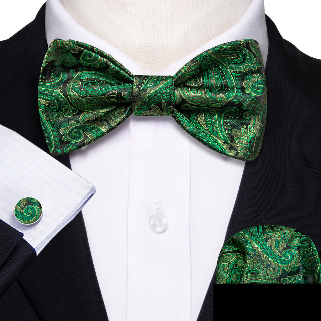 Grass Green Paisley Bow Tie Set - GentCrest - View 2