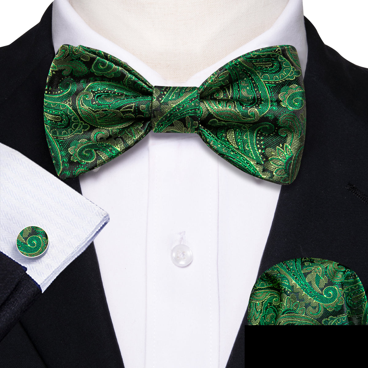Grass Green Paisley Bow Tie Set - GentCrest - View 2
