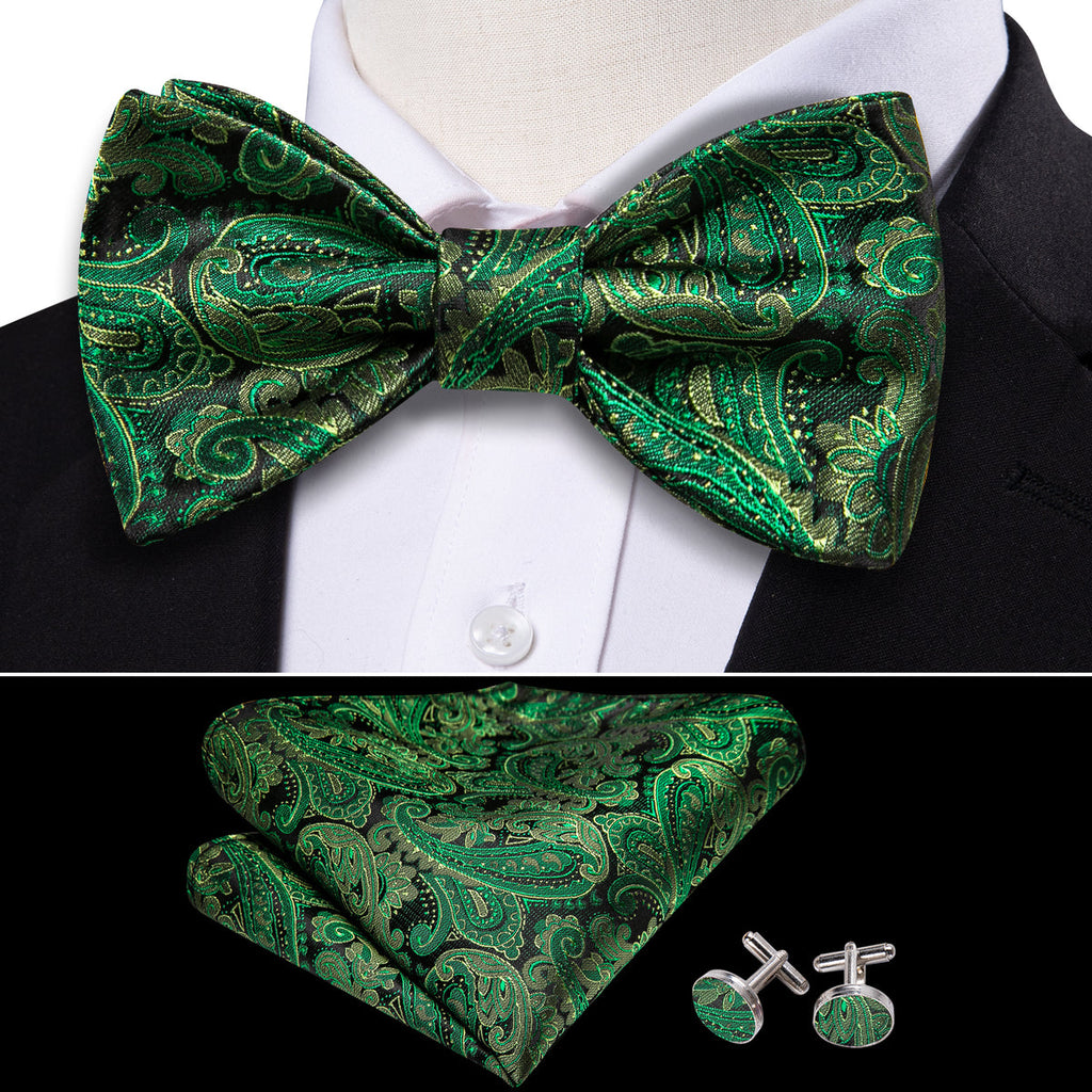 Grass Green Paisley Bow Tie Set - GentCrest - View 3