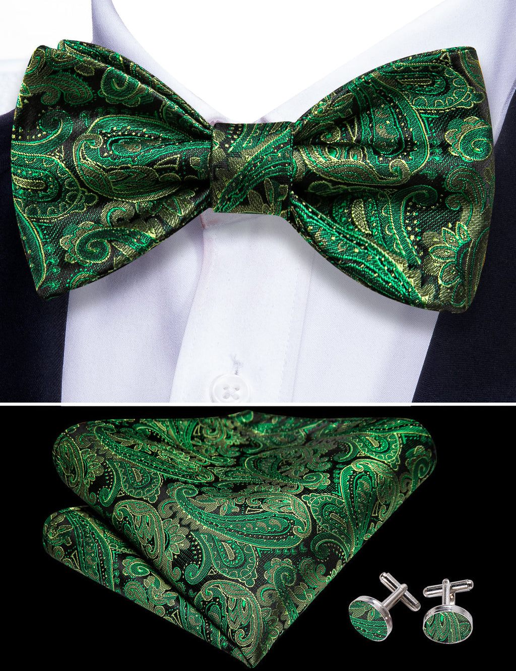 Grass Green Paisley Bow Tie Set - GentCrest - View 4