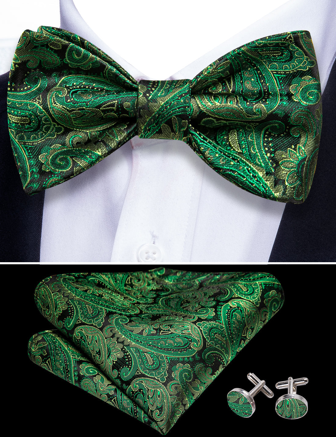 Grass Green Paisley Bow Tie Set - GentCrest - View 4