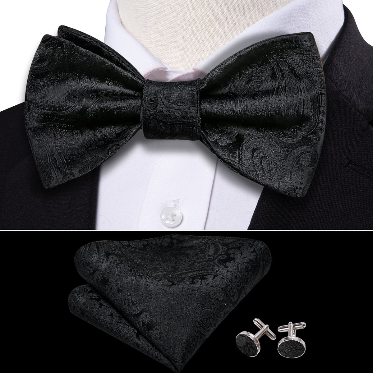 Black Paisley Bow Tie Set - GentCrest - View 3