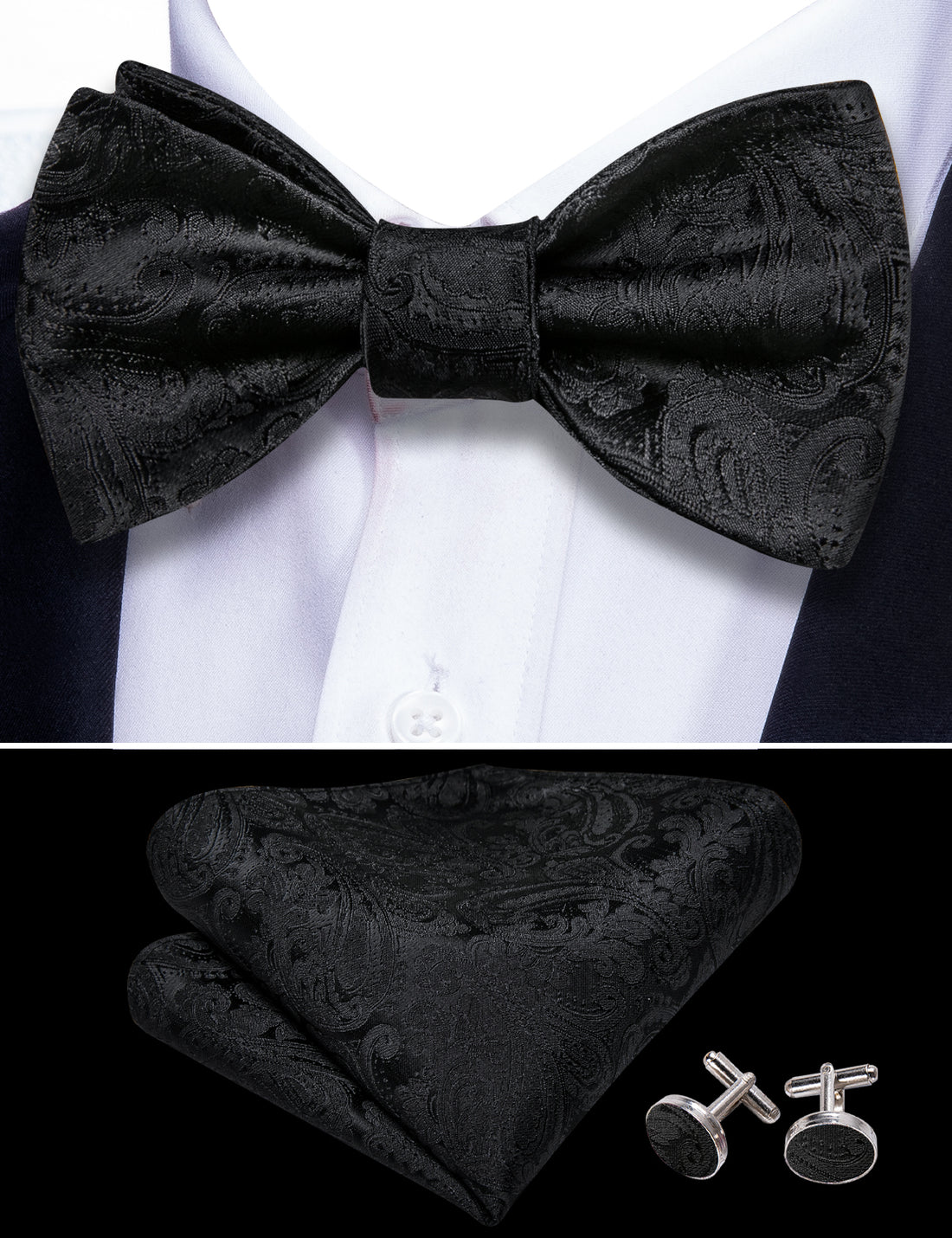 Black Paisley Bow Tie Set - GentCrest - View 4