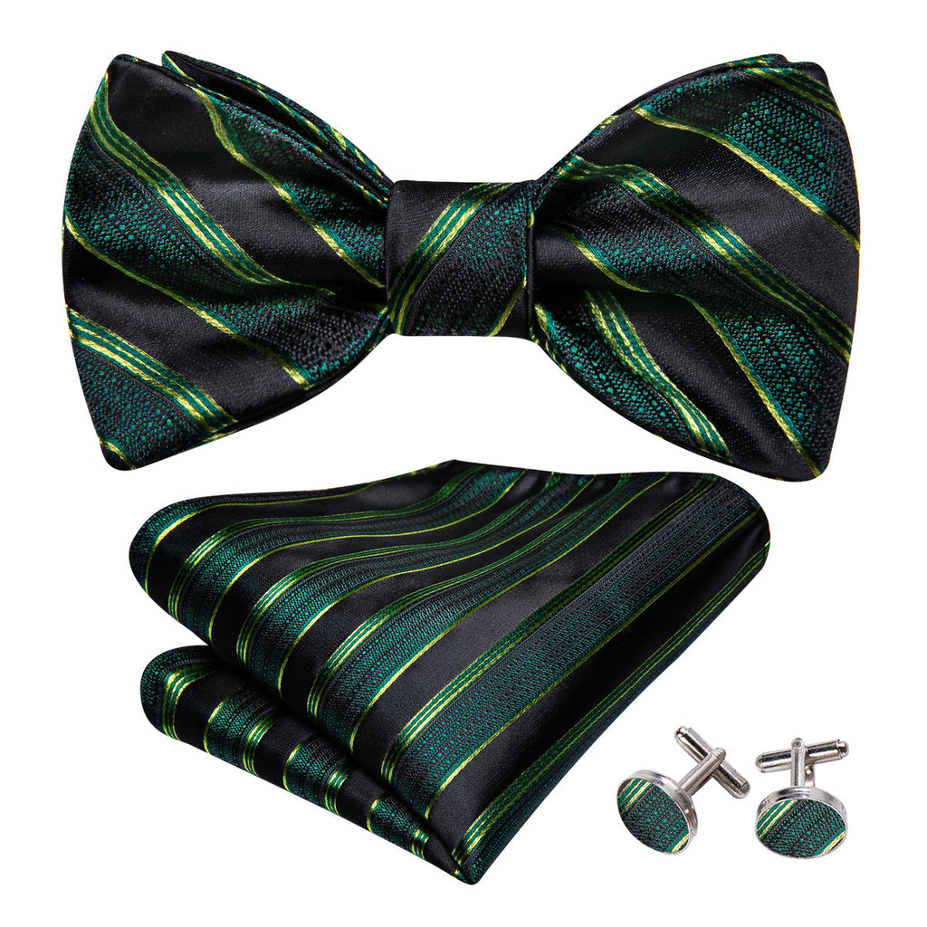 Green Black Striped Bow Tie Set - GentCrest