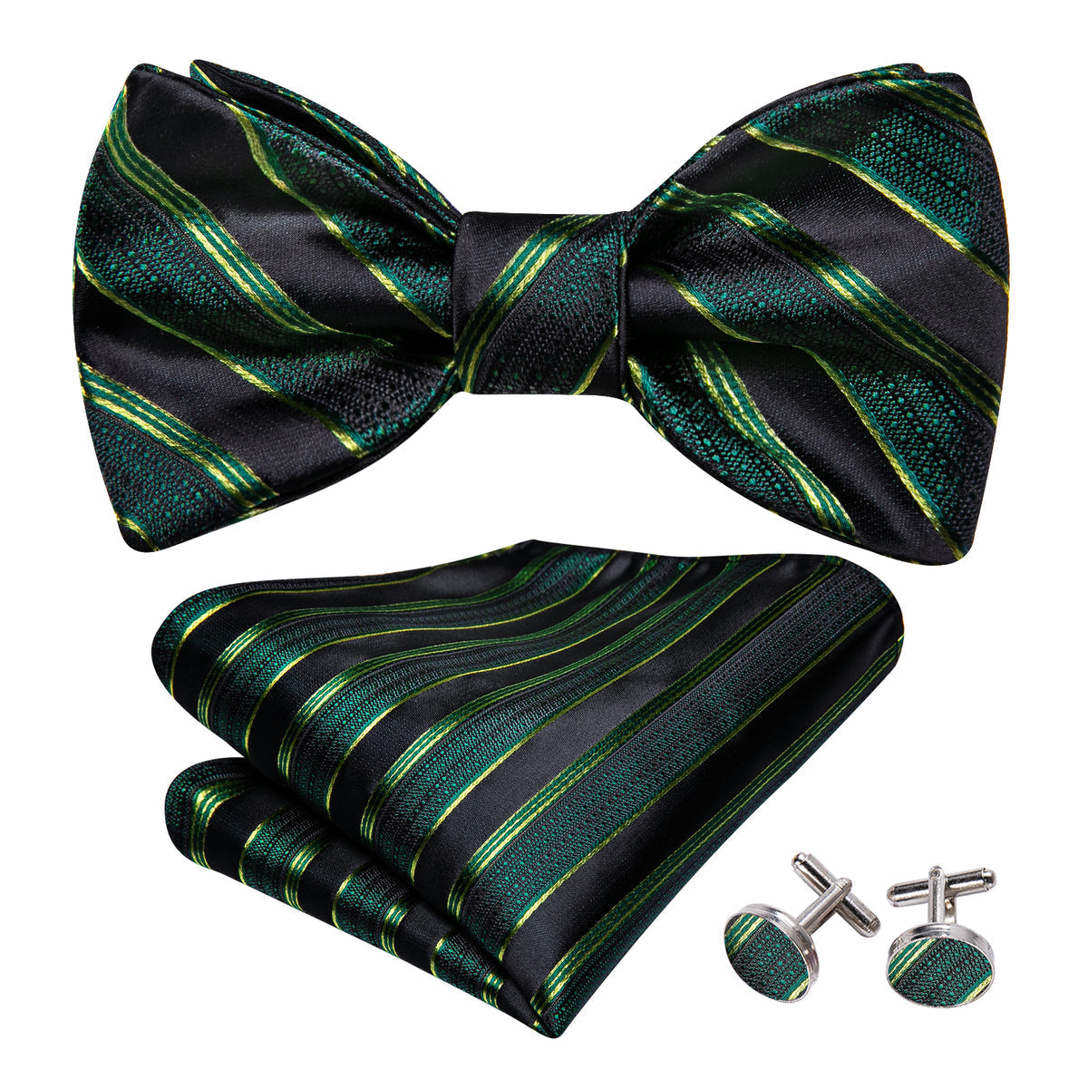 Green Black Striped Bow Tie Set - GentCrest
