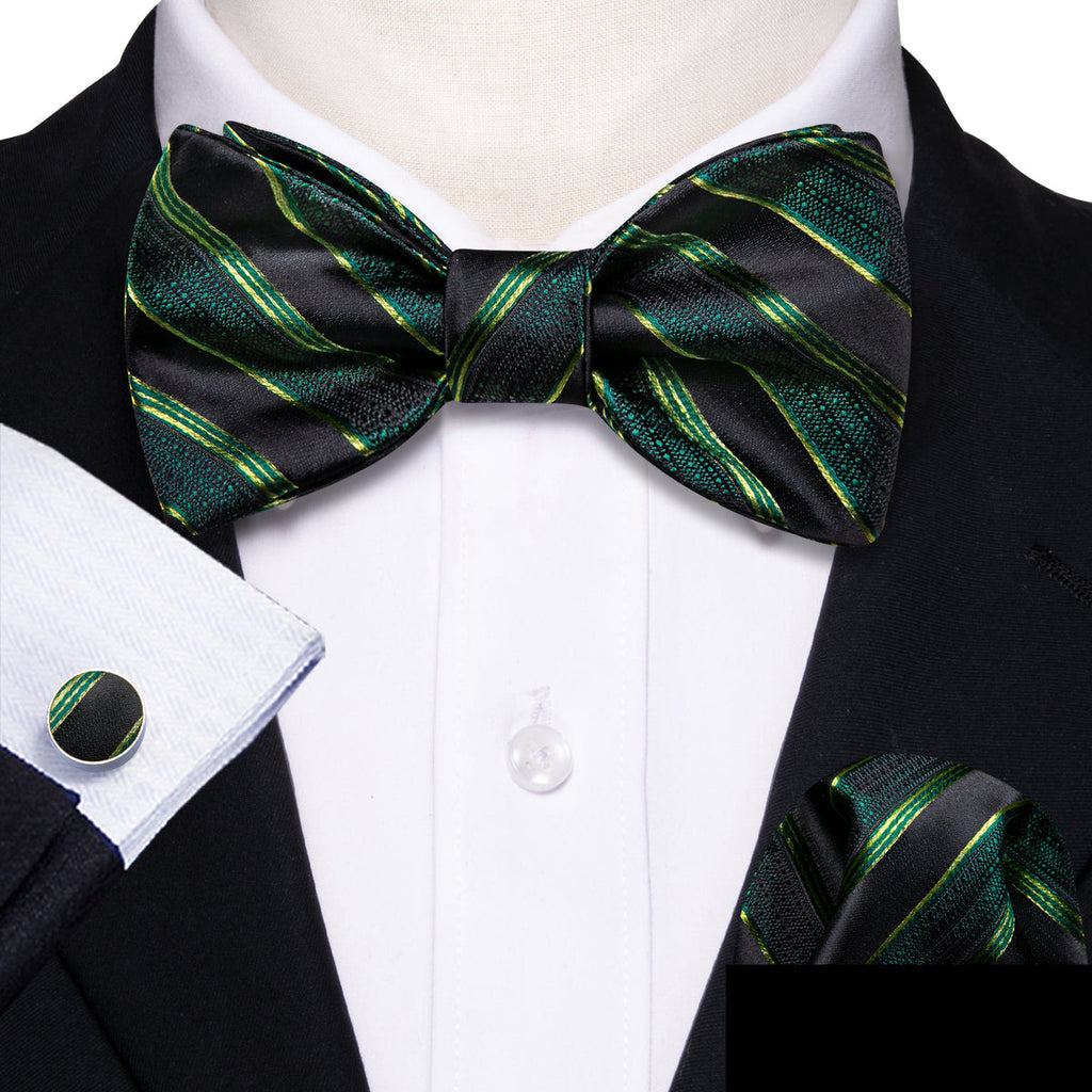 Green Black Striped Bow Tie Set - GentCrest - View 2