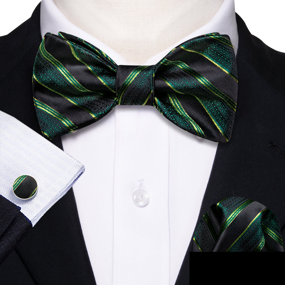 Green Black Striped Bow Tie Set - GentCrest - View 2