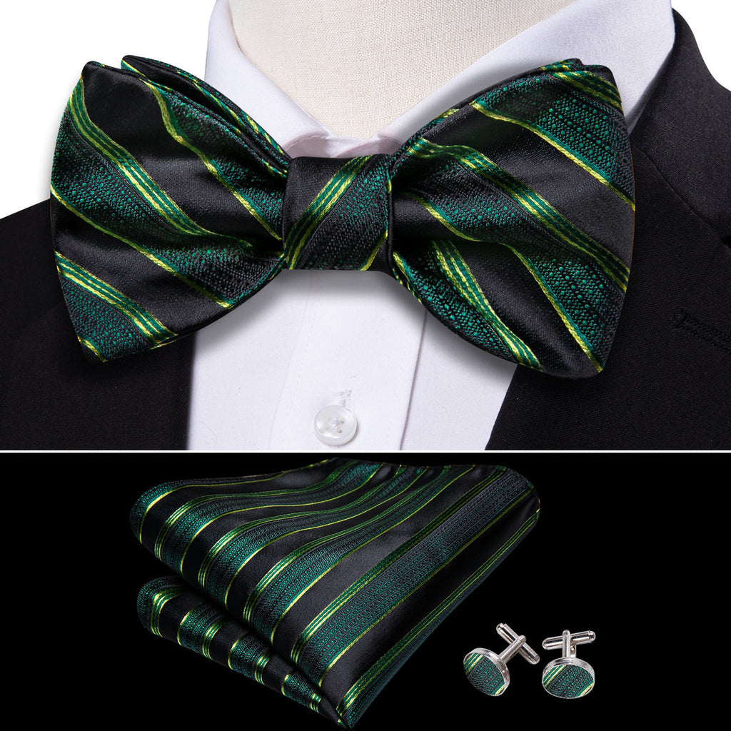 Green Black Striped Bow Tie Set - GentCrest - View 3