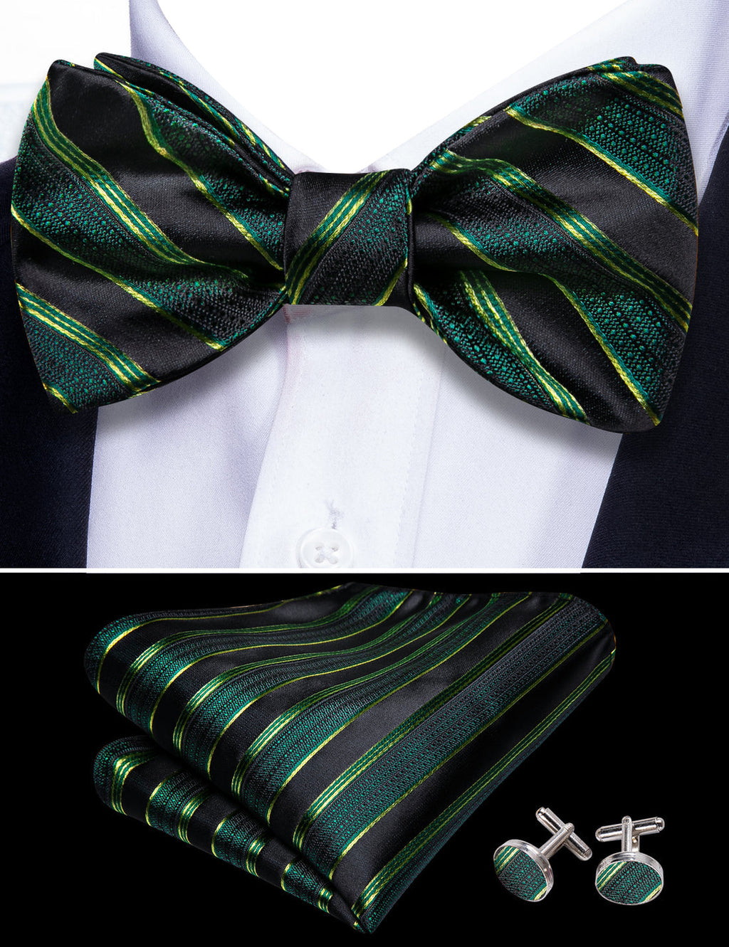 Green Black Striped Bow Tie Set - GentCrest - View 4